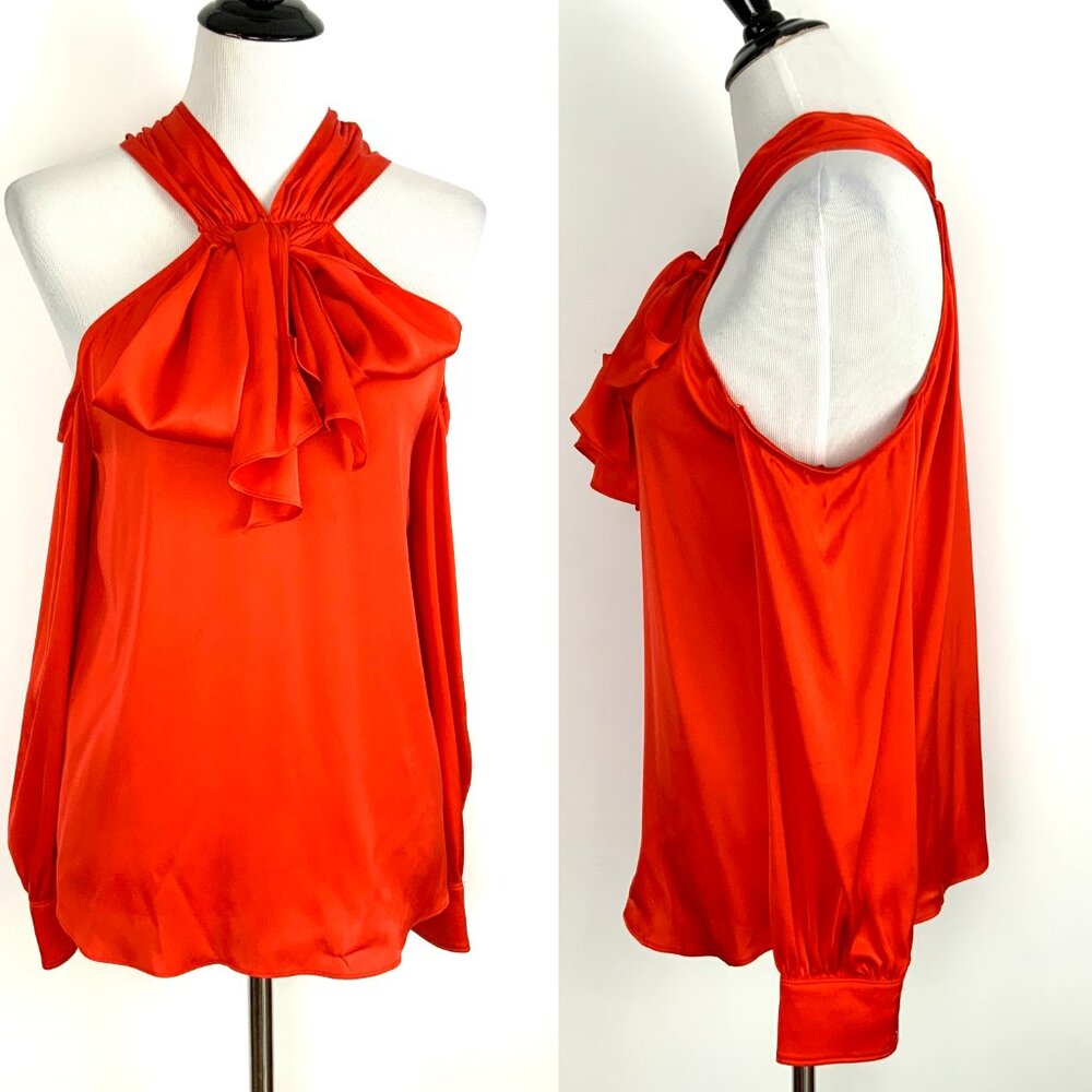 Trina Turk Silk Cold Shoulder Mitchell Scarlet Red Blouse​​ Medium - Picture 5 of 16